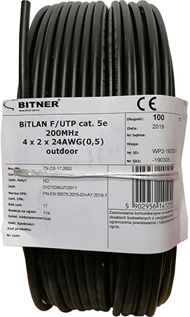 Tömör 4 x 2 x 0,5 F/UTP CAT.5e 200MHz PE 100m
