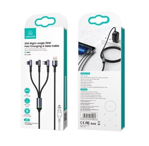 USAMS SJ561USB01 3 az 1-ben gyorstöltő és adat kábel Micro USB, Lightning, Type-C, 66W